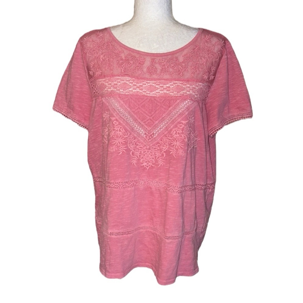 Sundance Imogen Pink Embroidered Crochet Lace Short Sleeve Top Tee - L